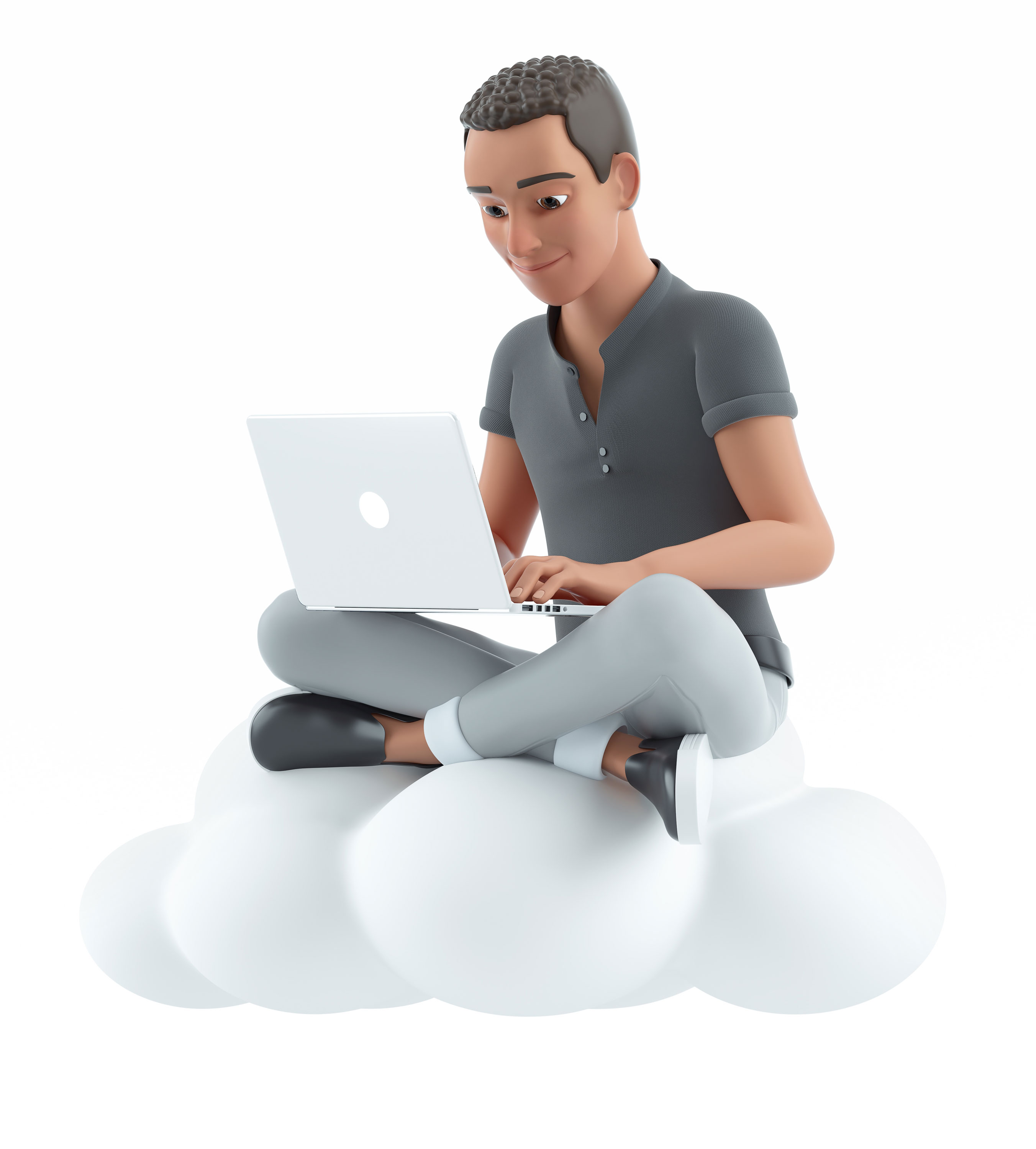 Man using laptop while riding on a cloud