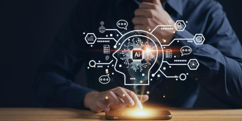 A man's hand holding a human AI business management