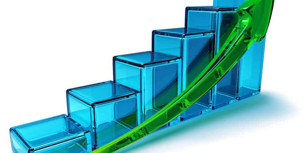 3D Bar graph increasing with upward arrow