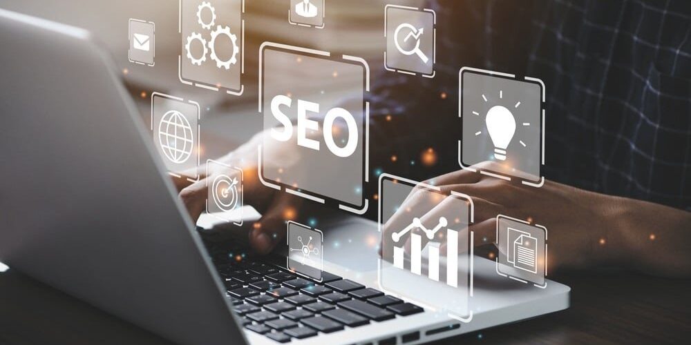 Businessman using a computer for analysis SEO Search Engine Optimization Marketing Ranking