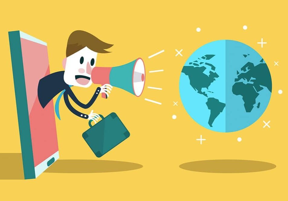 Man shouting at globe with megaphone