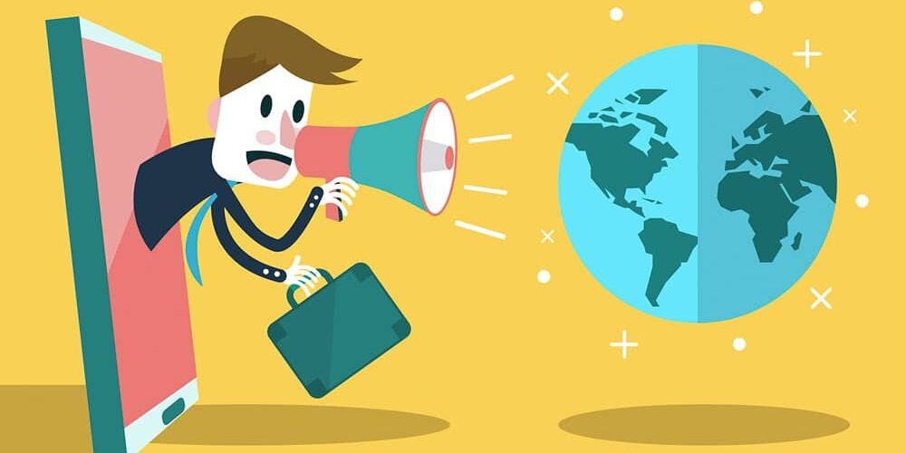 Man shouting at globe with megaphone