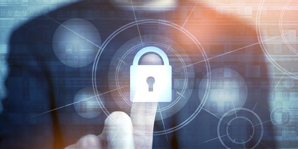 Network Safety Concept with Businessman Touching Closed Padlock as Symbol of Security.