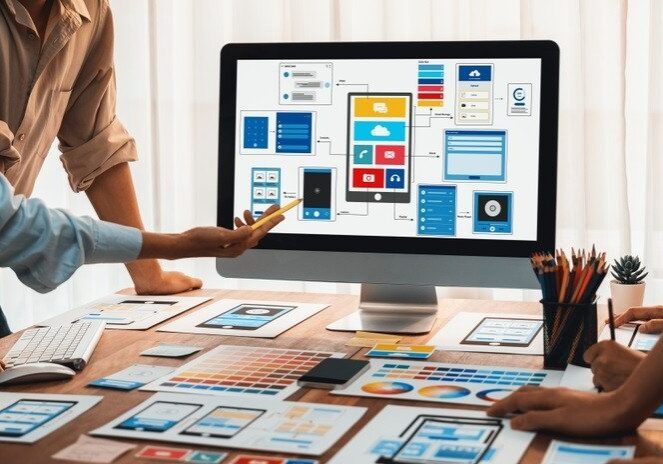 People working on graphs around computer